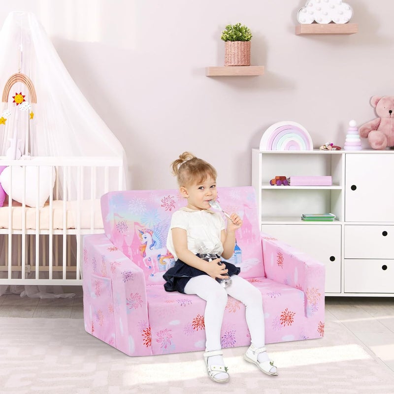 Decalsweet Foldable Kids Sofas Couch 2 in 1 Children Convertible Sofa to Lounger Flip Open Toddlers Sofa Bed - Image 2